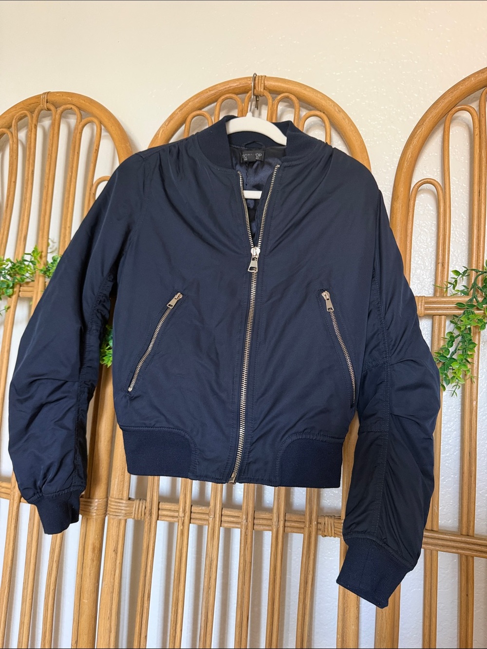 TOPSHOP Navy Bomber Jacket with Silver Zippers